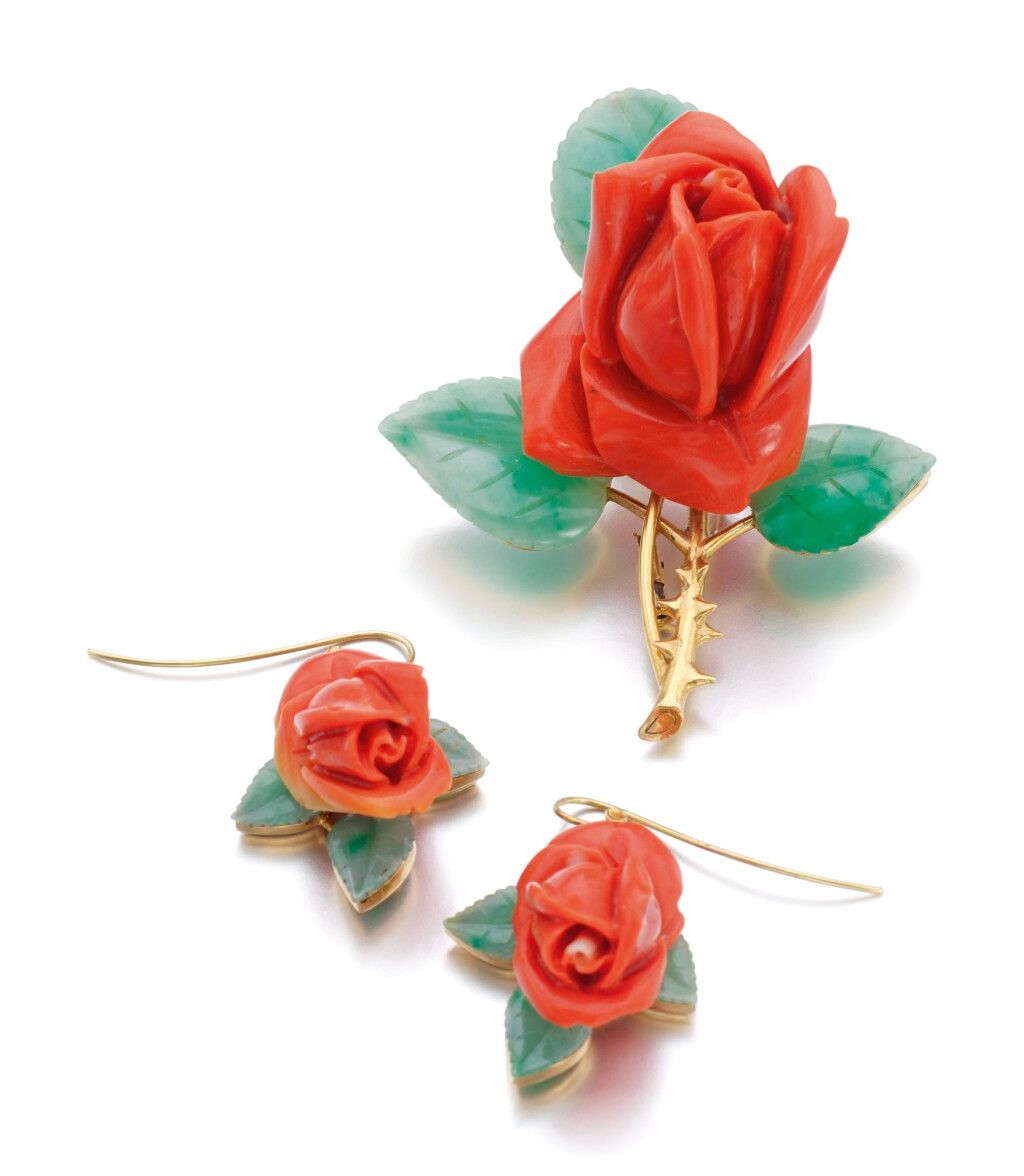 View full screen - View 1 of Lot 85. CORAL AND NEPHRITE DEMI-PARURE.