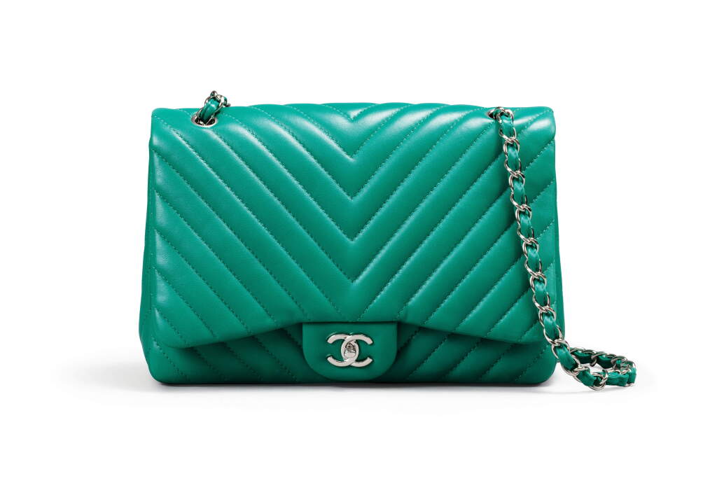 View full screen - View 1 of Lot 23. Green Lambskin Single Flap Jumbo Chevron Silver Hardware, 2010.