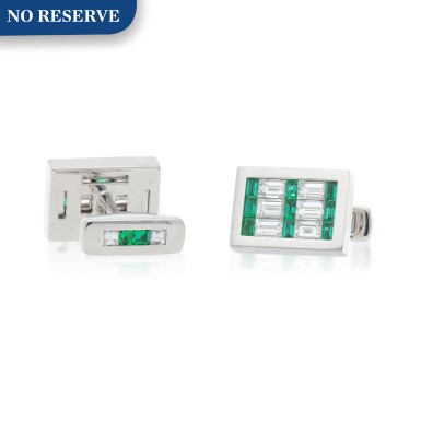 View full screen - View 1 of Lot 426. PAIR OF EMERALD AND DIAMOND CUFFLINKS.