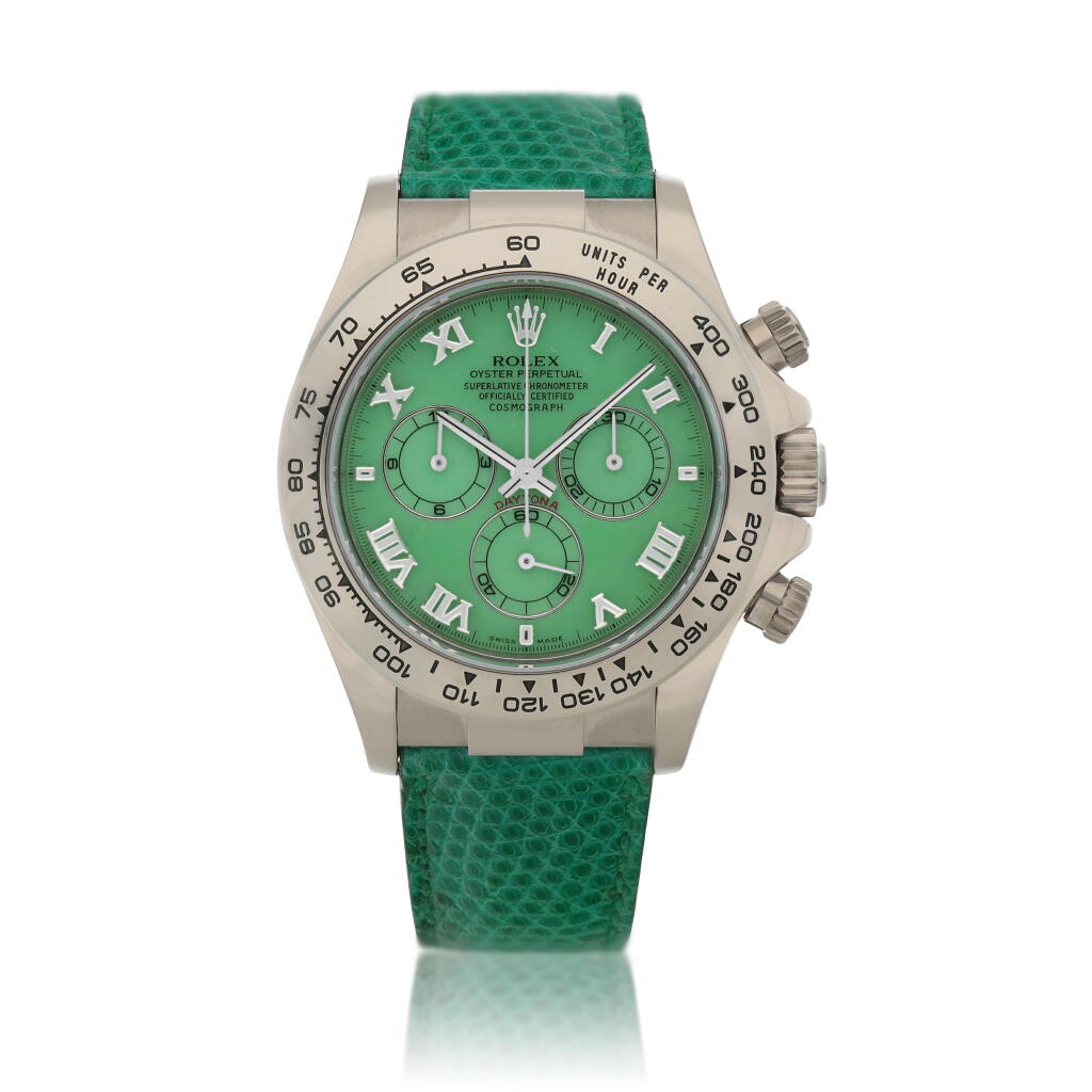 View full screen - View 1 of Lot 107. 'Beach' Daytona, Ref. 116519 White gold chronograph wristwatch with green chalcedony dial Circa 2000.