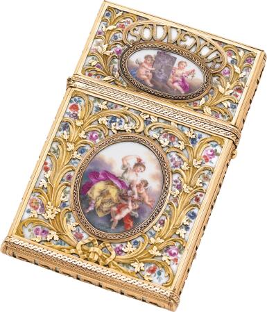 View full screen - View 1 of Lot 71. A MEISSEN PORCELAIN CARNET DE BAL, WITH TWO-COLOUR GOLD MOUNTS AND IVORY LEAVES, THE MOUNTS PROBABLY JOHANN CHRISTIAN NEUBER, DRESDEN, CIRCA 1765.