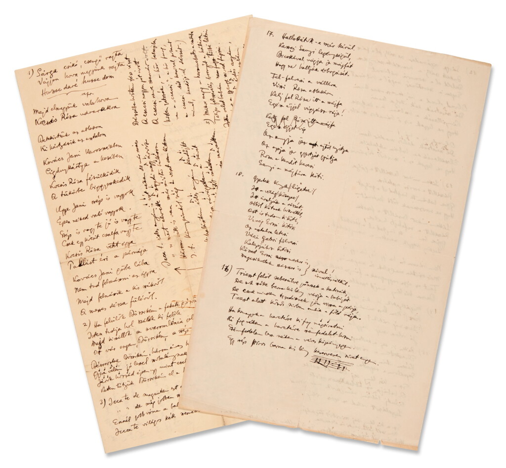 View full screen - View 1 of Lot 66. Béla Bartók. Autograph manuscript of 18 Hungarian folksong texts, some with musical annotations, 1918 or later, APPARENTLY UNRECORDED.