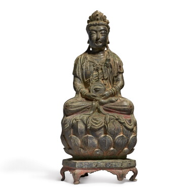 View full screen - View 1 of Lot 250. A rare bronze figure of Yanguang Mingmu, Yuanjun Ming dynasty, dated to the fourth year of Tianqi period, corresponding to 1624 | 明天啟四年(1624年) 銅眼光明目元君坐像.
