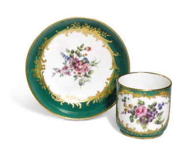 View full screen - View 1 of Lot 94. A SEVRES PORCELAIN GREEN-GROUND CUP AND SAUCER, 1758.