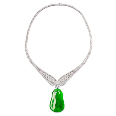 View full screen - View 1 of Lot 1646. Jadeite and Diamond Pendent Necklace | 天然翡翠 配 鑽石 項鏈.