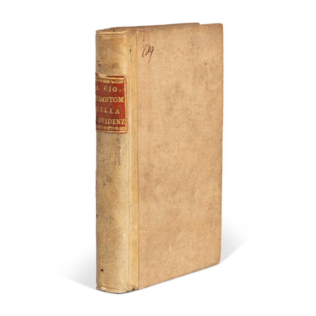View full screen - View 1 of Lot 796. Joannes Chrysostomus, della prouidenza di Dio a Stargirio monaco, Venice, Torresano, 1554, eighteenth-century half vellum.