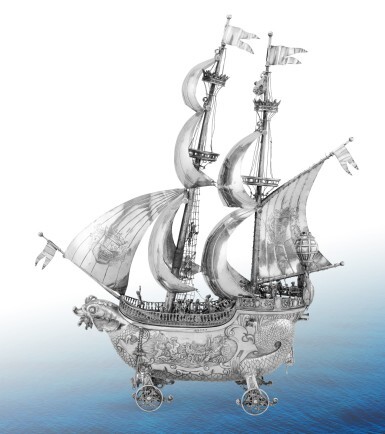 View full screen - View 1 of Lot 259. A large German silver ship, Neresheimer, importer BHM, Hanau, circa 1880 | Grande nef en argent par Neresheimer, importateur BHM, Hanau, vers 1880.