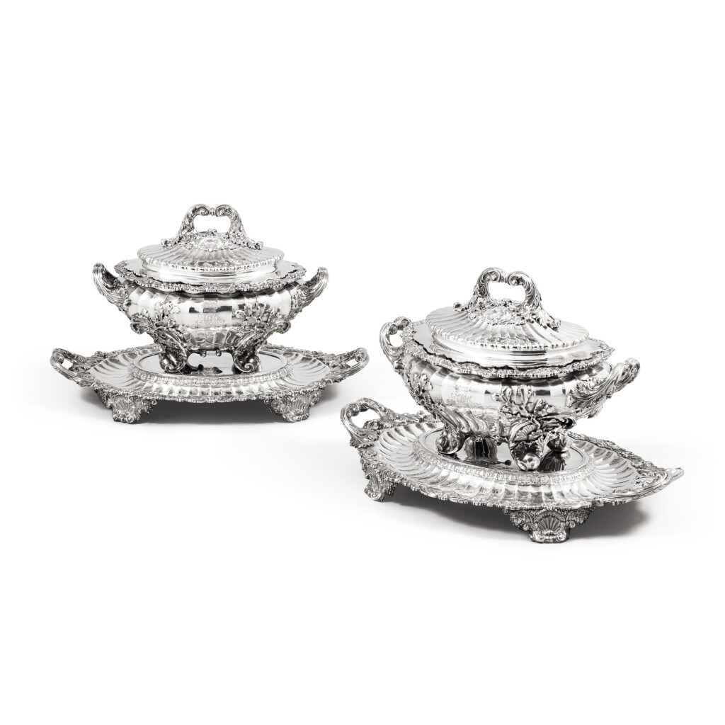 View full screen - View 1 of Lot 895. A pair of George IV silver tureens, covers and stands from the Duchess of St. Albans Service, Philip Rundell for Rundell, Bridge & Rundell, London, 1821.