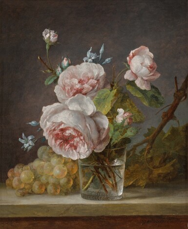 View full screen - View 1 of Lot 136. Still life of roses in a glass vase, with grapes beside.