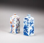 An Imari square-form bottle and cover and a blue and white square-form bottle and cover, Qing dynasty, Kangxi period | 清康熙 五彩方瓶及青花方瓶一組兩件