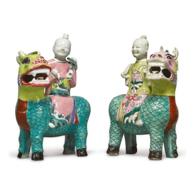 View full screen - View 1 of Lot 1890. TWO CHINESE FAMILLE-ROSE FIGURES OF BOYS ON QILINS, QING DYNASTY, QIANLONG/ JIAQING PERIOD | 清乾隆/嘉慶 粉彩麒麟送子擺件一對.