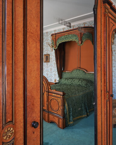 View full screen - View 1 of Lot 153. An Anglo-Moresque thuya, ebony-strung and gilt-brass-mounted half-tester double bed by Morant, Boyd & Blandford, circa 1875.
