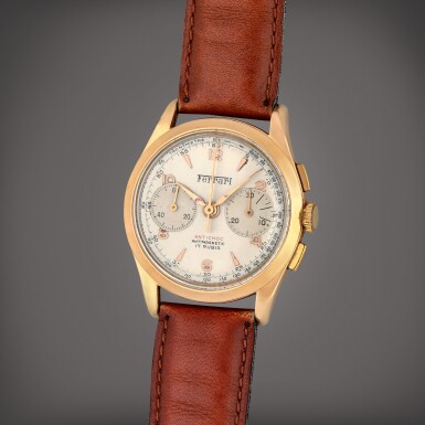 View full screen - View 1 of Lot 429. Reference 105 | A yellow gold chronograph wristwatch | Circa 1950.