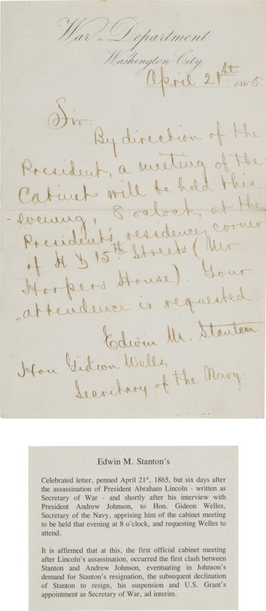 View full screen - View 1 of Lot 1564. Edwin M. Stanton, ALS informing Welles of the time and place of the first cabinet meeting after Lincoln's death.