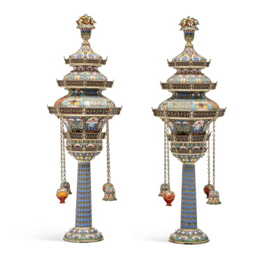 View full screen - View 1 of Lot 13. A Pair of Large Parcel-Gilt Silver, Plique-à-Jour Enamel, Shaded Cloisonné Enamel, and Gem-Set Torah Finials, late 20th century.
