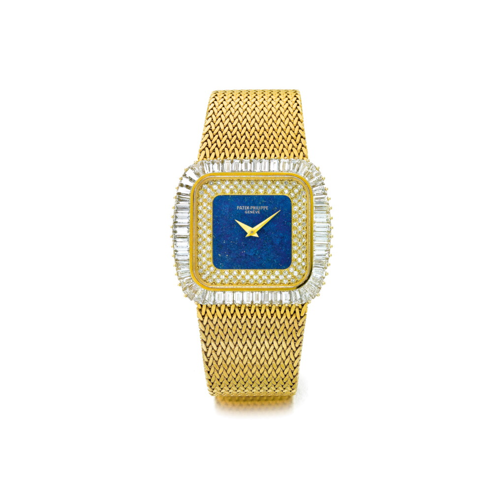 View full screen - View 1 of Lot 1010. PATEK PHILIPPE | REF 3625/1, A YELLOW GOLD AND DIAMOND BRACELET WATCH WITH LAPIS LAZULI DIAL, CIRCA 1980 | 百達翡麗 |3625/1型號黃金鑲鑽石鍊帶腕錶備青金石錶盤,年份約1980.