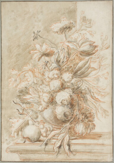 View full screen - View 1 of Lot 578. ATTRIBUTED TO JAN VAN HUYSUM | Still life with a vase of flowers and fruit.