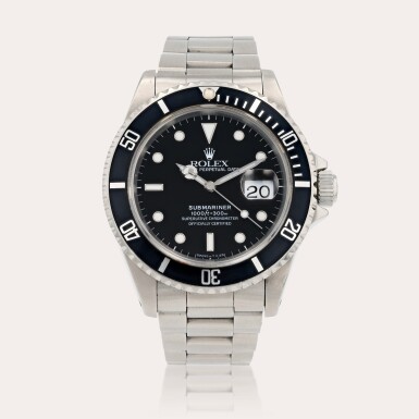 View full screen - View 1 of Lot 366. Submariner, reference 16610 Montre bracelet en acier avec date | Stainless steel wristwatch with date and bracelet Vers 1990 | Circa 1990.