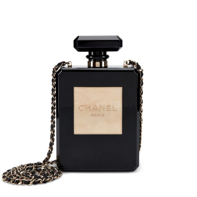 View full screen - View 1 of Lot 6136. Limited Edition Black Lucite No. 5 Perfume Bottle Clutch with Chain Pale Gold Hardware, 2013-14.