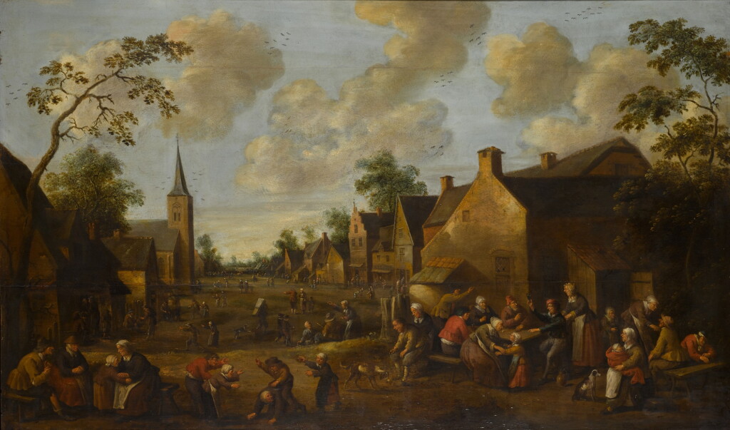 View full screen - View 1 of Lot 359. A village street scene with children playing in the foreground and figures drinking outside an inn.
