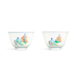 A pair of doucai 'scholars' wine cups, Qing dynasty, Kangxi period | 清康熙 闘彩高士對酒圖盃一對 《大明成化年製》仿款