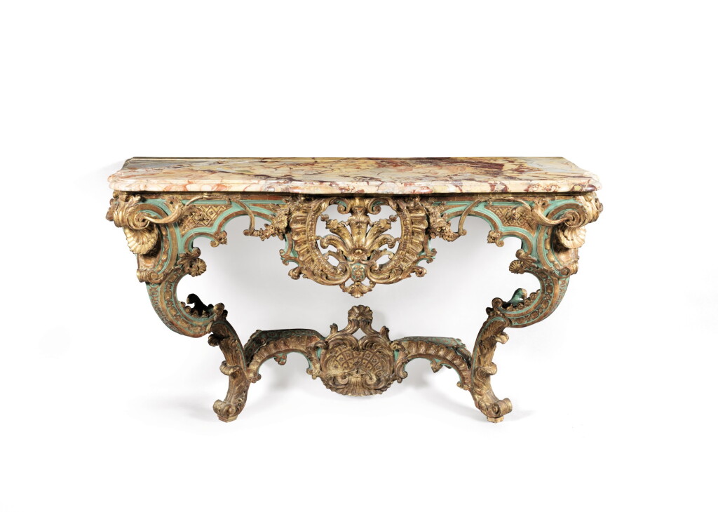 View full screen - View 1 of Lot 278. A Continental carved, painted and parcel-gilt console table with marble top, possibly German, Ansbach.