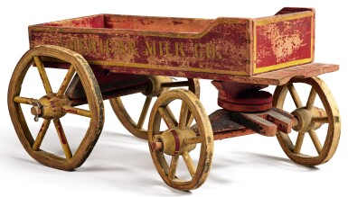 View full screen - View 1 of Lot 1496. 'AMERICAN MILK COMPANY' PAINTED WOOD AND WIRE CHILDREN'S PULL-TOY WAGON, EARLY 20TH CENTURY.