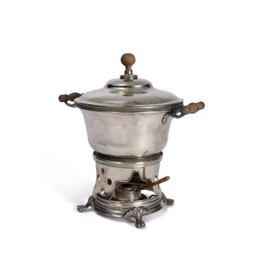 View full screen - View 1 of Lot 926. American Silver Gumbo Pot, Cover, and Lampstand, Anthony Rasch, New Orleans, LA, Circa 1840-50.