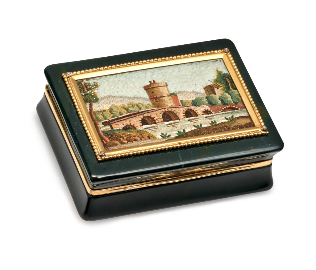 View full screen - View 1 of Lot 1182. A gold-mounted bloodstone and micromosaic snuff box, probably English, circa 1820, with a Roman micromosaic plaque Roman.
