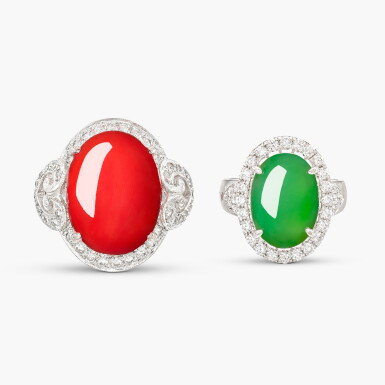 View full screen - View 1 of Lot 1453. Jadeite and Diamond Ring and Coral and Diamond Ring | 天然「緬甸」翡翠 配 鑽石 戒指 及 珊瑚 配 鑽石 戒指.