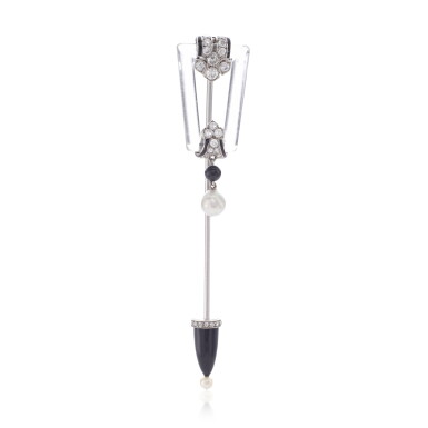 View full screen - View 1 of Lot 725. Enamel, onyx, rock crystal, pearl and diamond jabot pin, circa 1920.