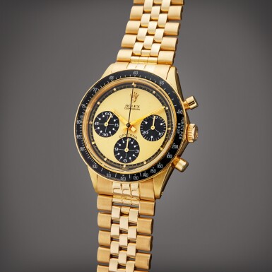 View full screen - View 1 of Lot 50. Reference 6264 Daytona 'Paul Newman Lemon' | A yellow gold chronograph wristwatch with bracelet, Circa 1969 | 勞力士 型號 6264 Daytona 'Paul Newman Lemon' 黃金計時鍊帶腕錶,製作年份約 1969.