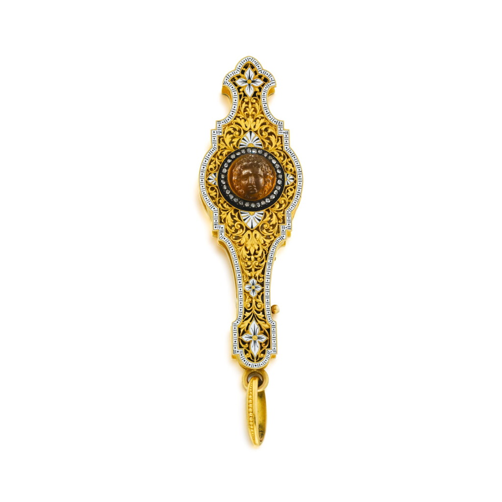 View full screen - View 1 of Lot 1161. An enamel, carnelian cameo and gold lorgnette, Frederic Philippi, Paris, circa 1860.