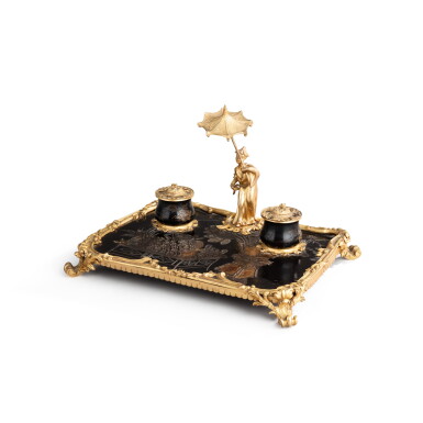 View full screen - View 1 of Lot 368. A Louis XV style gilt-bronze mounted and Coromandel lacquer ink stand, 19th century | Encrier en bronze doré et plateau de laque de Coromandel de style Louis XV, XIXe siècle.