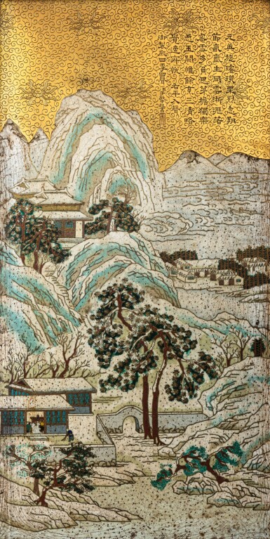 View full screen - View 1 of Lot 147. An important imperially inscribed cloisonné enamel 'Winter' panel, Qing dynasty, Qianlong period.