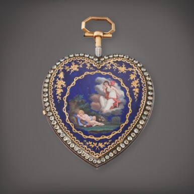 View full screen - View 1 of Lot 482. An oversized silver, gold, and enamel quarter repeating heart form open faced watch with exposed balance, Circa 1790.