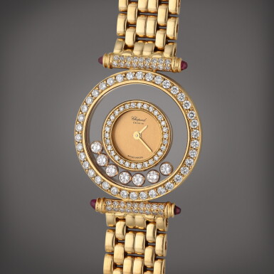 View full screen - View 1 of Lot 271. Reference 4118 (204993-0003) Happy Diamonds | A yellow gold and diamond-set bracelet watch with floating diamonds, Circa 1990.