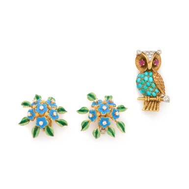 View full screen - View 1 of Lot 191. Gem set and diamond brooch, 1960s || Enamel and diamond ear clips.