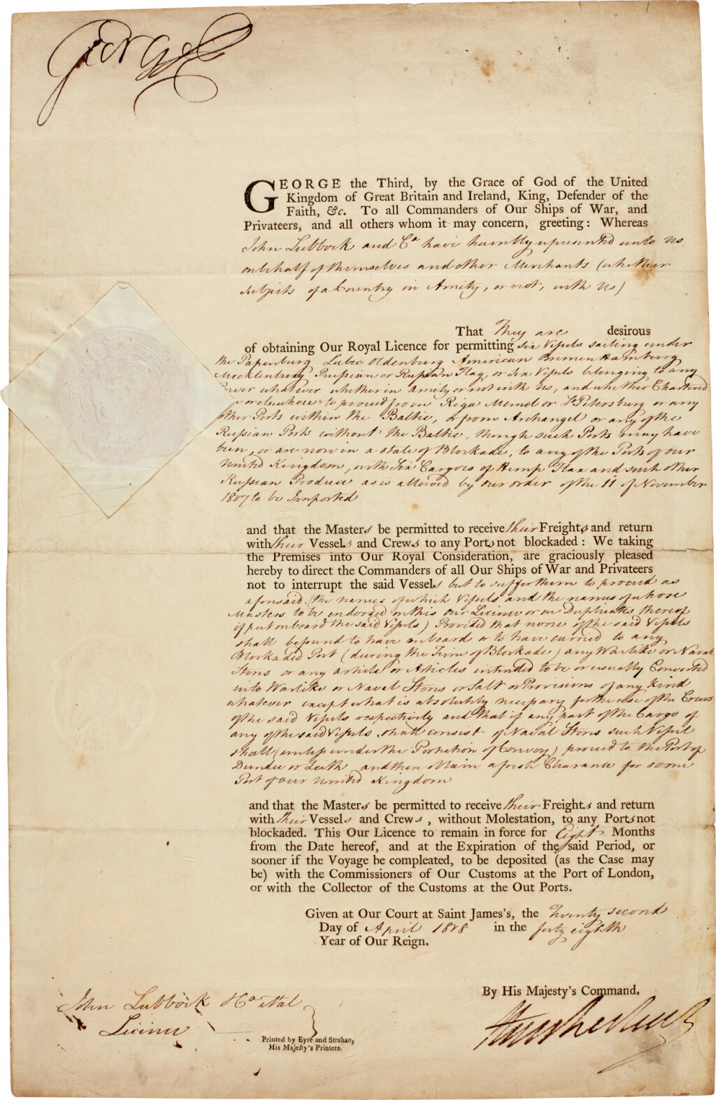 全萤幕检视 - 查看46George III | Document signed, permitting six named ships to pass through a blockade, 22 April 1808的1