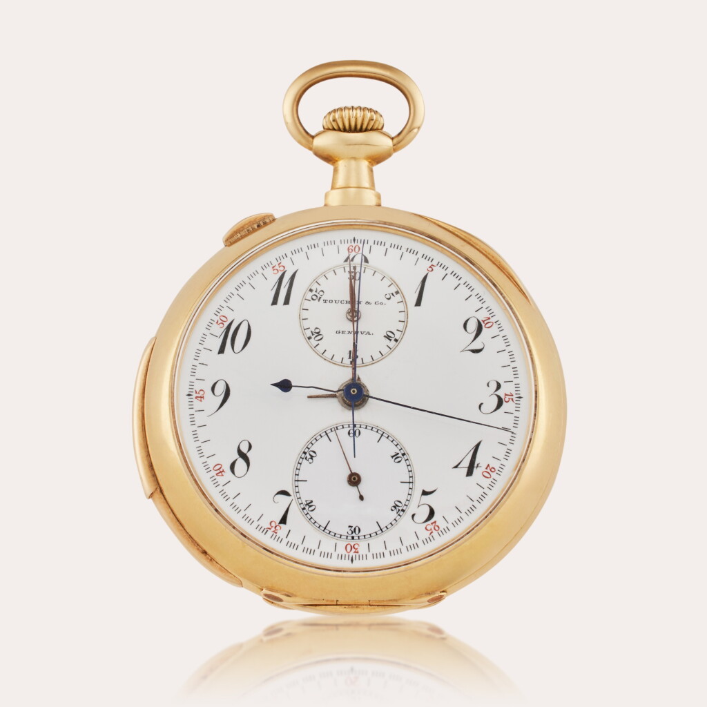 View full screen - View 1 of Lot 435. A yellow gold split second quarter repeating open faced watch, Circa 1889.