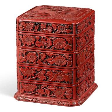 View full screen - View 1 of Lot 3661. A RARE CARVED CINNABAR LACQUER FOUR-TIERED BOX AND COVER MING DYNASTY, 16TH – 17TH CENTURY | 明十六至十七世紀 剔紅人物故事圖四撞方盒.
