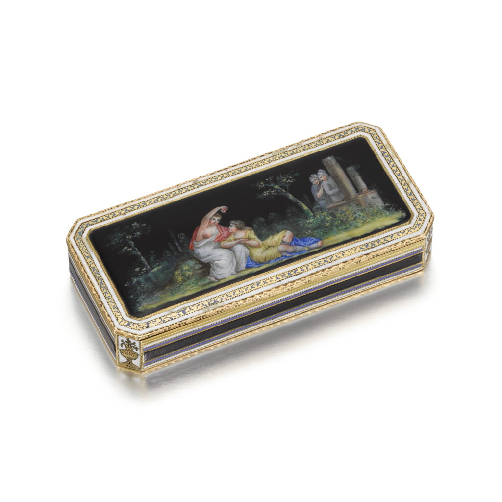 View full screen - View 1 of Lot 61. A gold and enamel snuff box, Hanau, circa 1795.