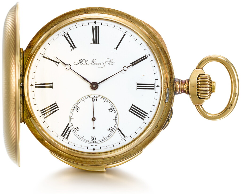 View full screen - View 1 of Lot 91. HY MOSER & CIE | A GOLD HUNTING CASED MINUTE REPEATING KEYLESS LEVER WATCH CIRCA 1900, NO. 25162.