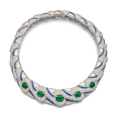 View full screen - View 1 of Lot 1302. EMERALD, SAPPHIRE, MOTHER-OF-PEARL AND DIAMOND NECKLACE | MAUBOUSSIN | 祖母綠 配 藍寶石 配 貝母 及 鑽石項鏈 .