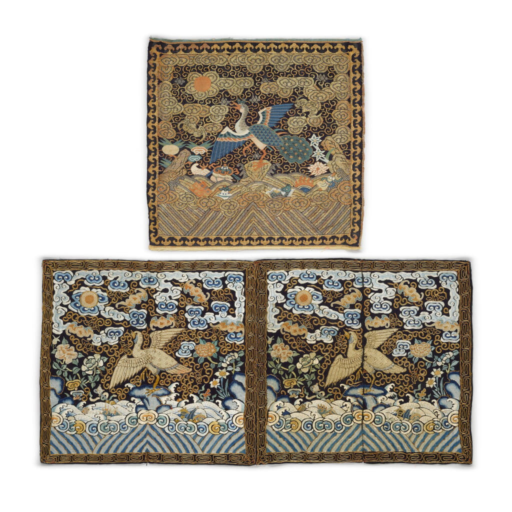 View full screen - View 1 of Lot 260. A silk kesi civil rank badge, Qing dynasty, 19th century| 清十九世紀 緙絲文七品補子 及 刺繡文七品補子兩件.
