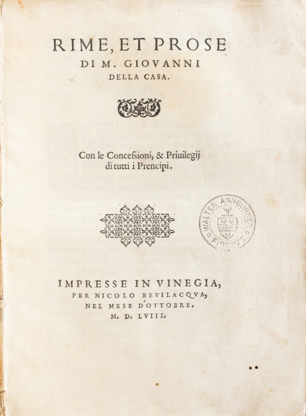 View full screen - View 1 of Lot 10. Rime, et prose. Venise, 1558. In-4. Vélin de l'époque. Première édition collective. Exemplaire du juriste américain Walter Ashburner..