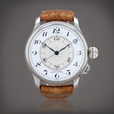 View full screen - View 1 of Lot 443. Weems, reference 4356 Montre bracelet oversize d'aviateur en acier avec seconde centrale | Oversized stainless steel Aviator’s wristwatch with center seconds Vers 1948 | Circa 1948.