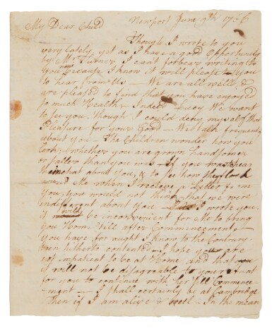 View full screen - View 1 of Lot 1043. Ellery, William | "The nice, prudent conduct of a family is the greatest female accomplishment.''.