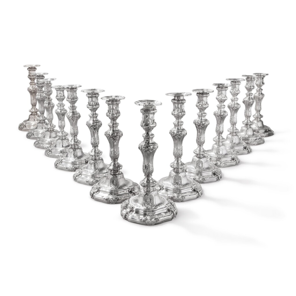 View full screen - View 1 of Lot 41. A group of fourteen matching French silver candlesticks, Louis Lenhendrick, Paris, 1747-1764.