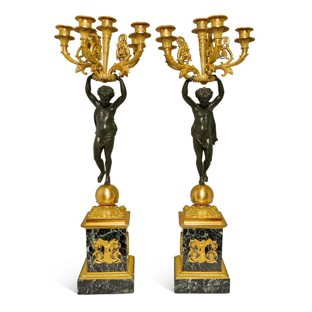 View full screen - View 1 of Lot 133. A pair of Restauration style gilt and patinated bronze six-light candelabra.